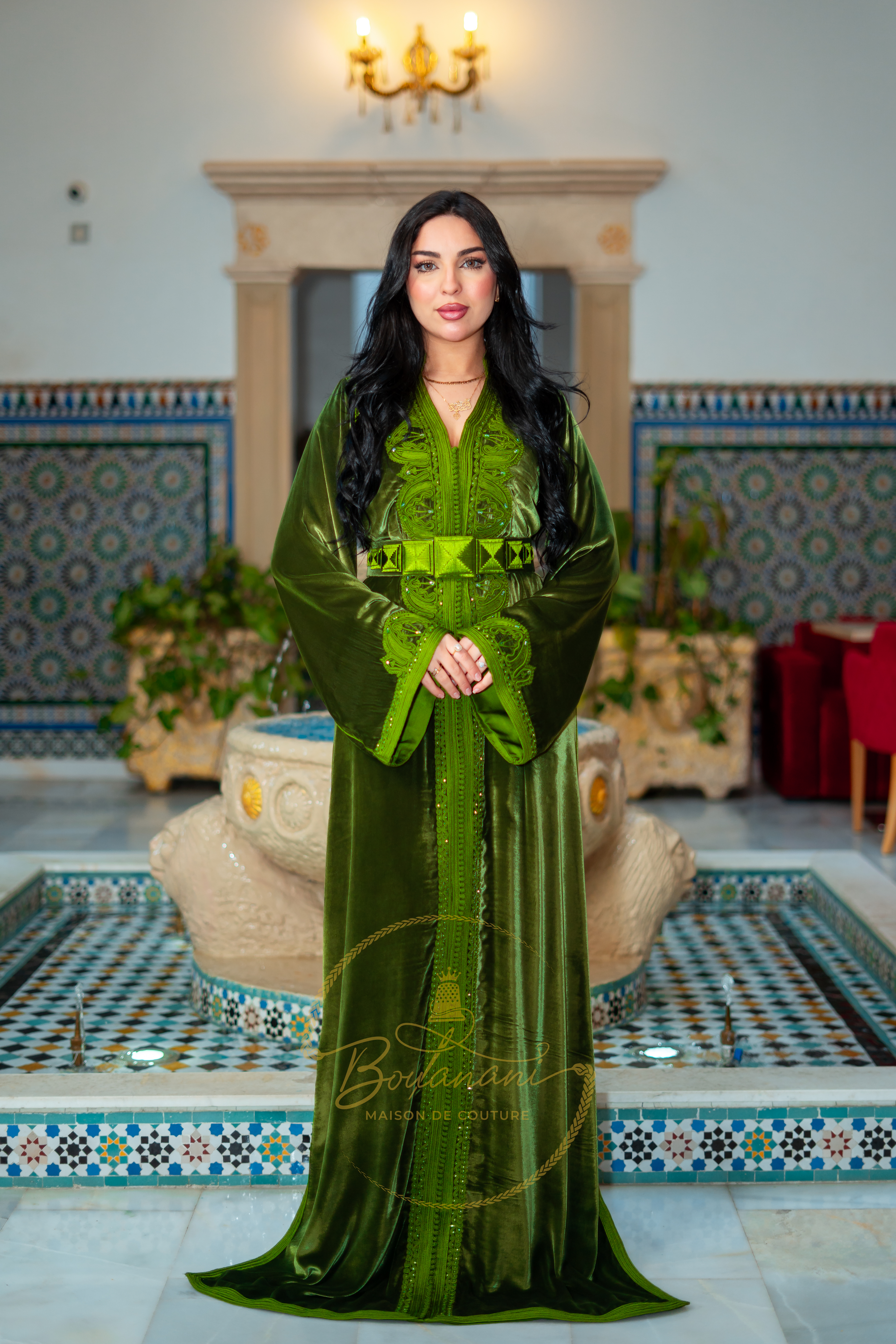 Caftan Ceinturé Vert Olive en Velours